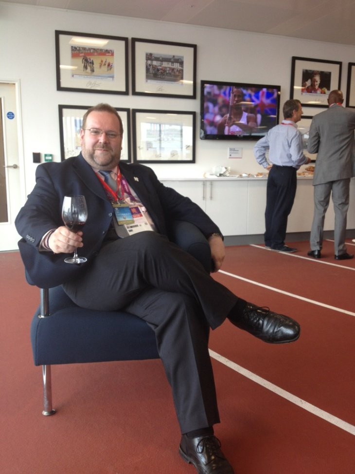 Possibly the only time Edward has been seen on an athletics track - with a drink in hand at Team GB House, Stratford. August 2012